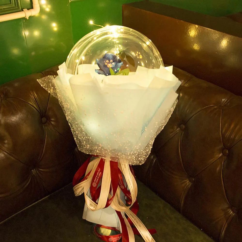 Transparent round LED luminous balloon rose bouquet with artificial flower and lights for DIY assembly