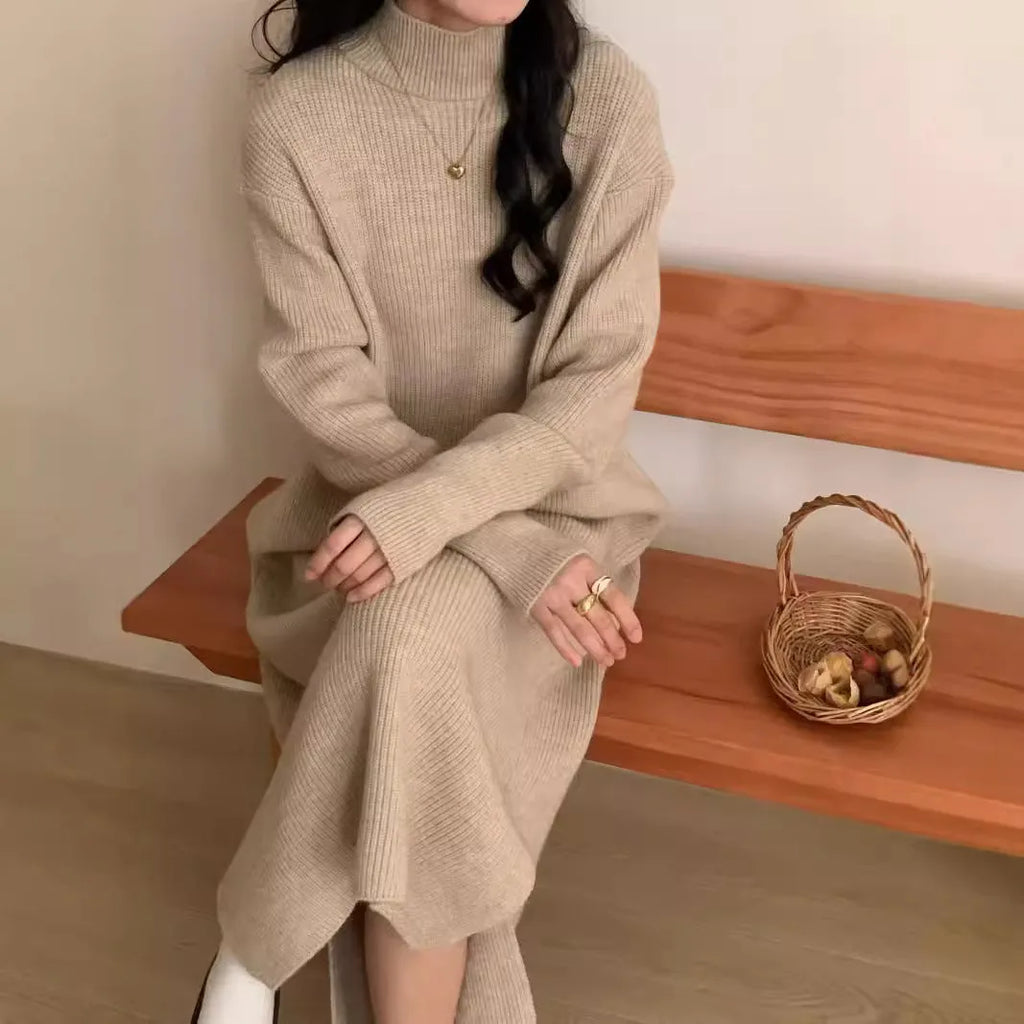 Half turtleneck acrylic knitted dress in graphite colour with long sleeves