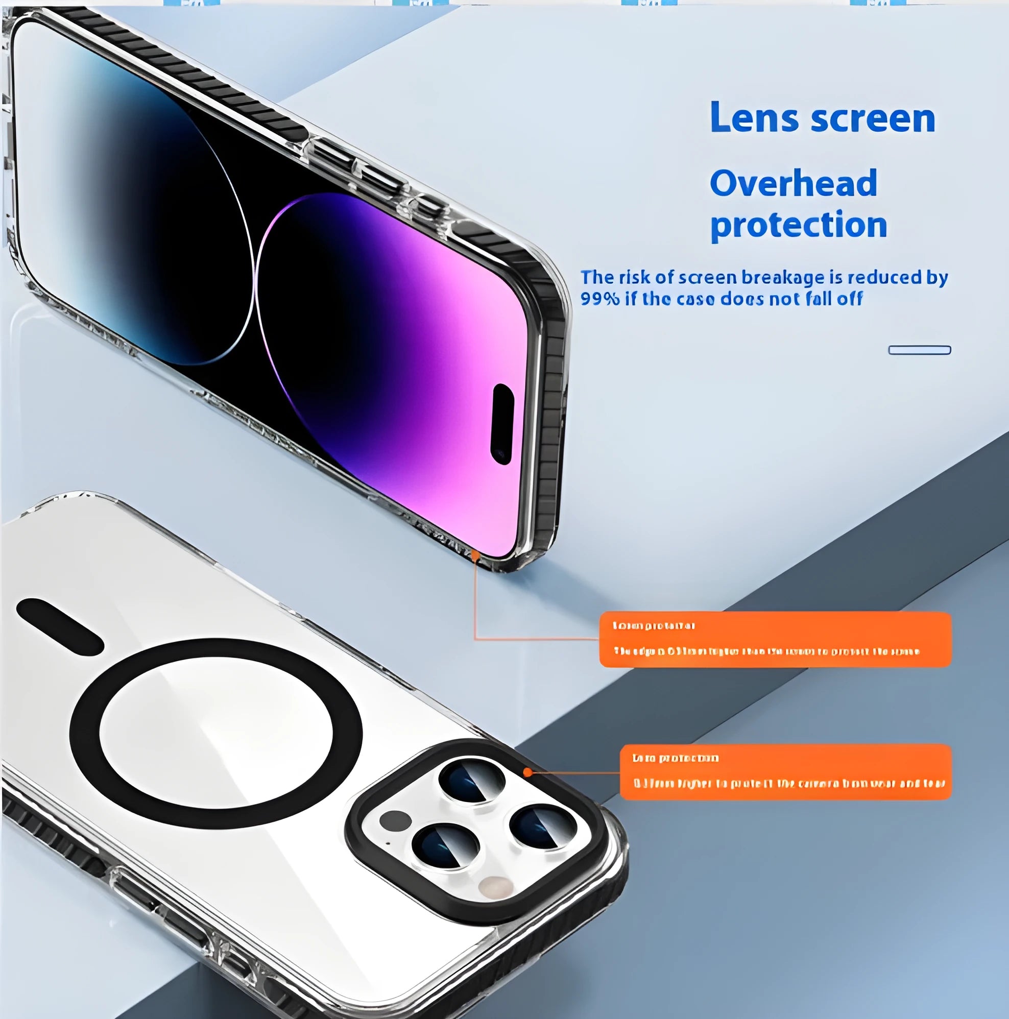 Transparent magnetic phone case for iPhone 15 or 16 series with anti-fall shell in black colour