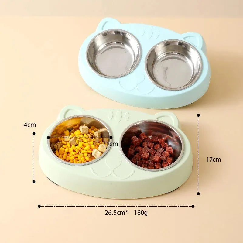 Macaron-style plastic pet feeder with two bowls in blue, green or pink colours