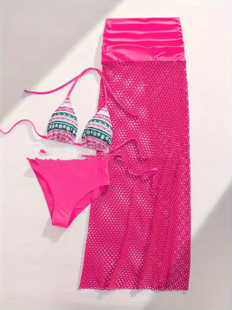 Women's brown, pink, and black three-piece bikini set with a fishnet long skirt on a size chart.