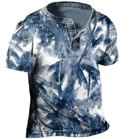 Men's blue polyester short sleeve sports shirt with a button lapel, laid flat.