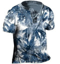 Men's blue polyester short sleeve sports shirt with a button lapel, laid flat.