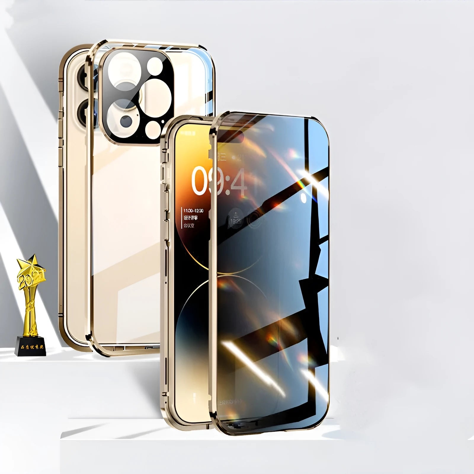 Gold anti-peeking magnetic phone case with double-sided glass and alloy frame for iPhone 15