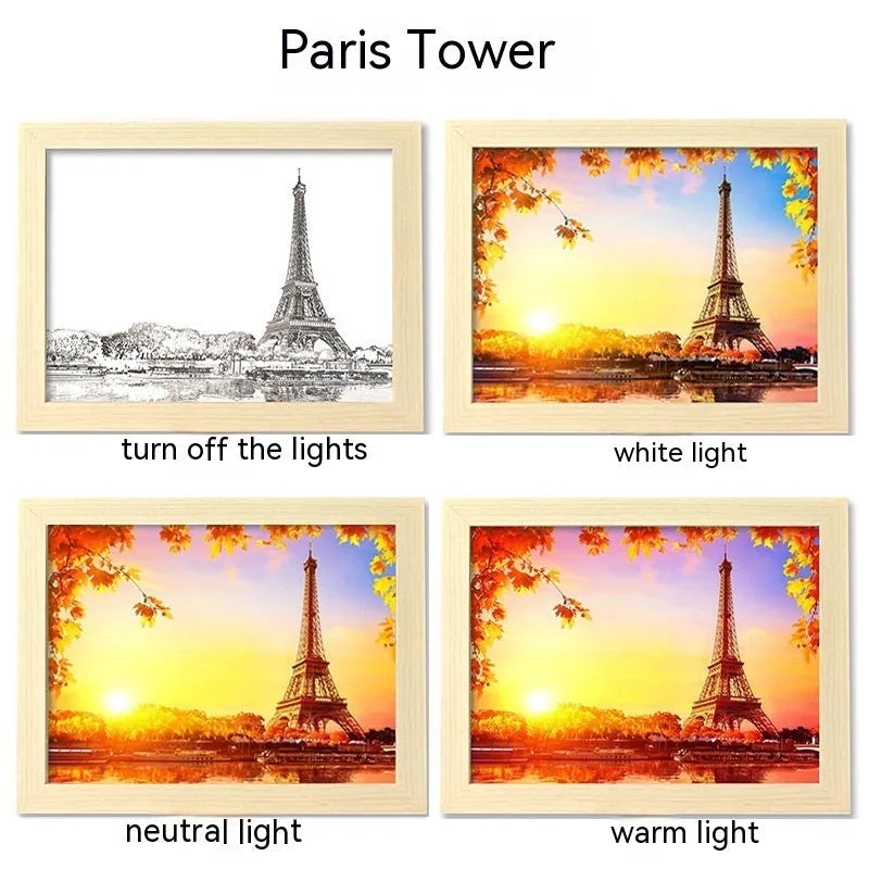 LED illuminated picture frame night lamp showing landscape design with USB cable connection