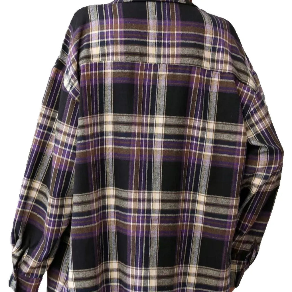 Women's loose fit retro plaid cotton shirt with long sleeves and button front in black green purple colours