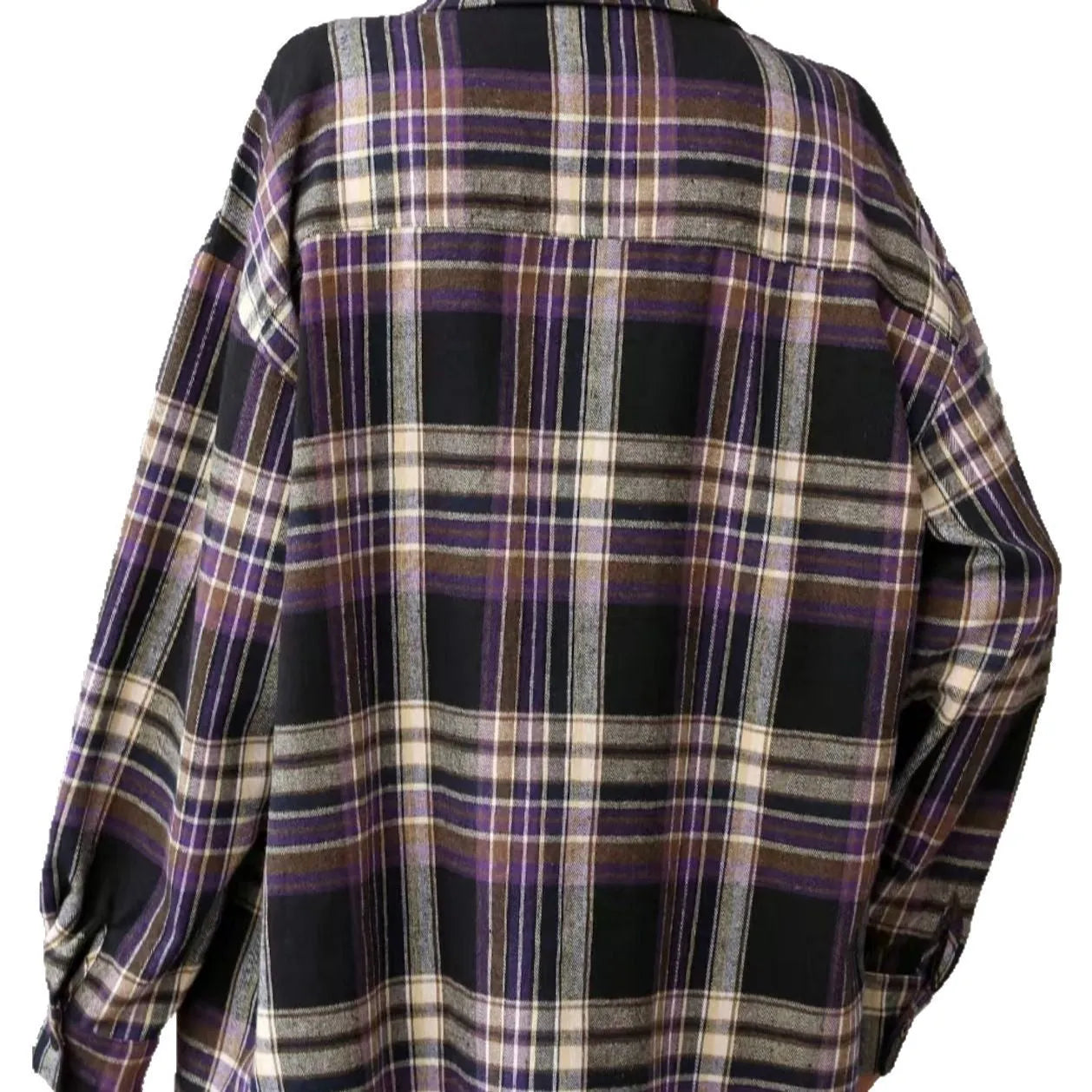 Women's loose fit retro plaid cotton shirt with long sleeves and button front in black green purple colours