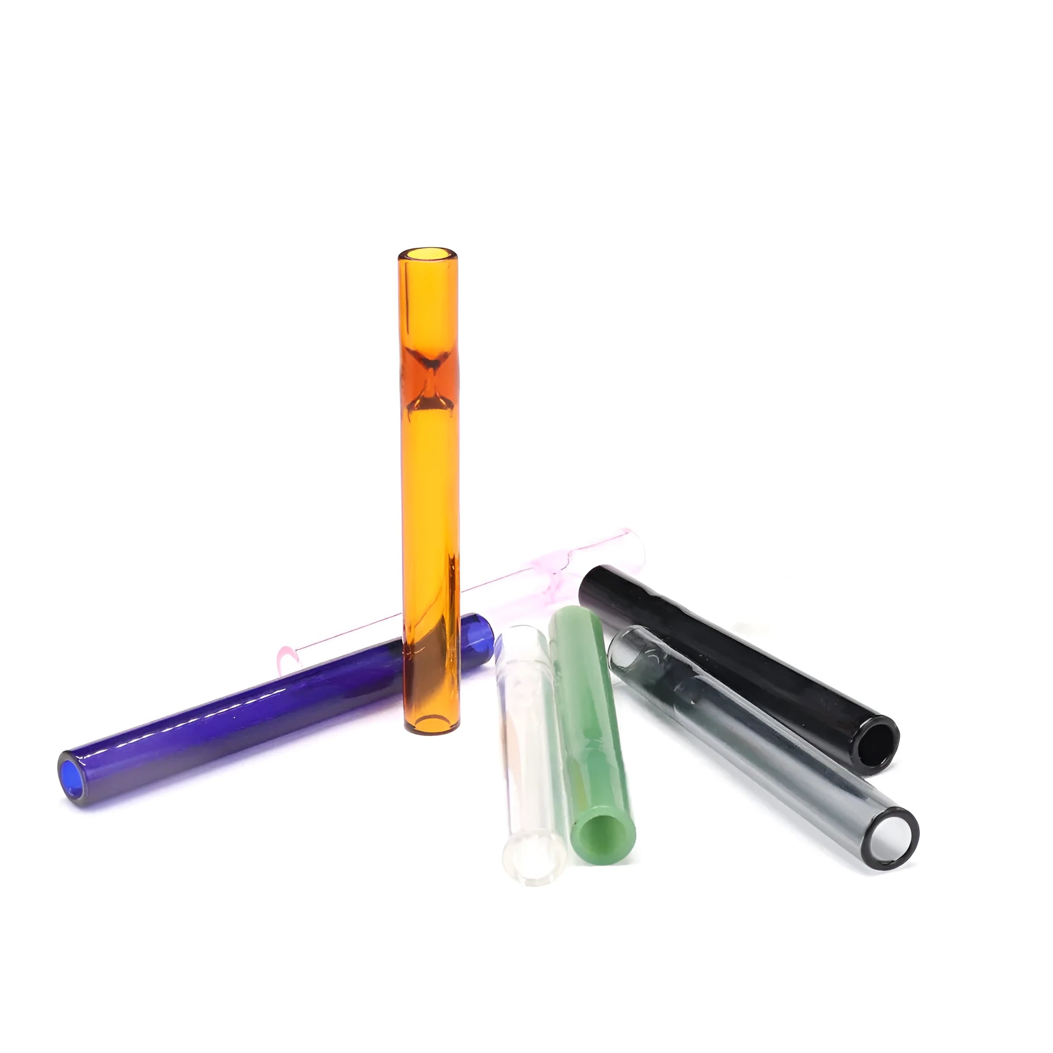 Clear glass telescopic smoking pipe with straight tube and suction nozzle.