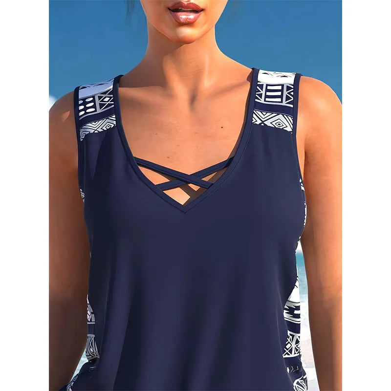 Women's sports hollow conservative split swimsuit in polyester sleeveless briefs style shown on white background