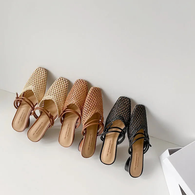 Women's square toe slippers with chunky heel and breathable design in artificial pu material