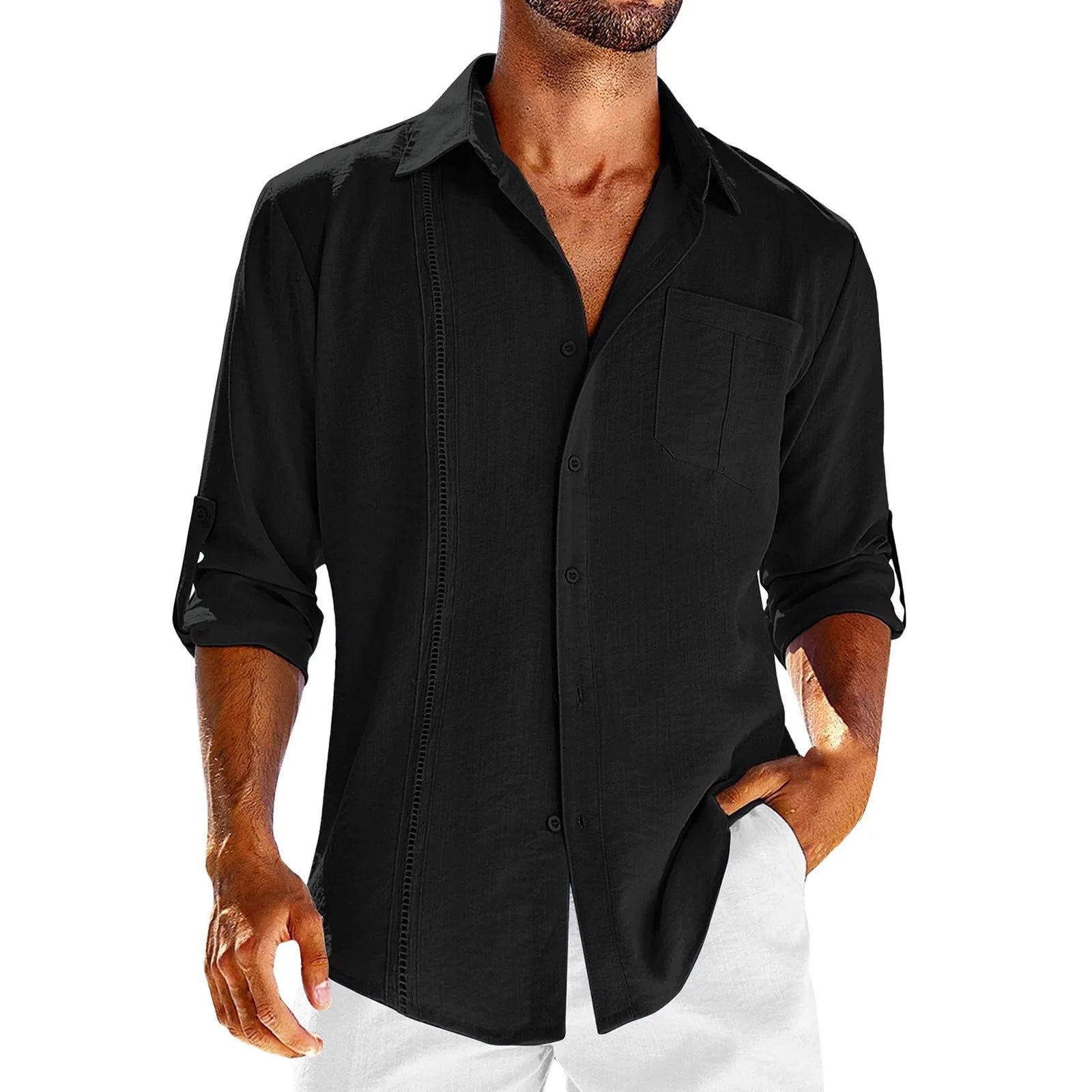 A man's solid-colour long sleeve casual shirt with a polo collar, button front, and chest pocket.