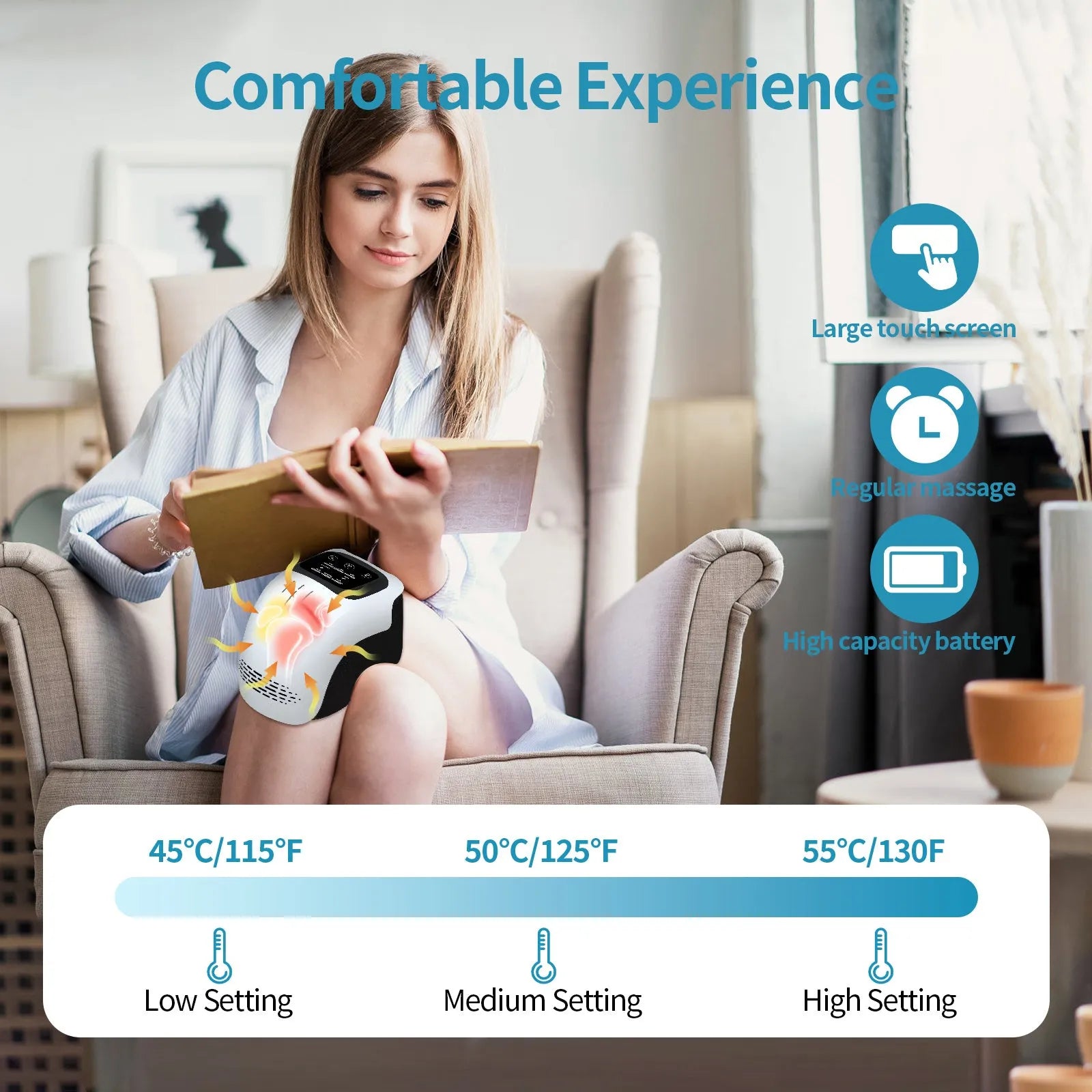 Intelligent electric knee massager with USB charging port in white colour
