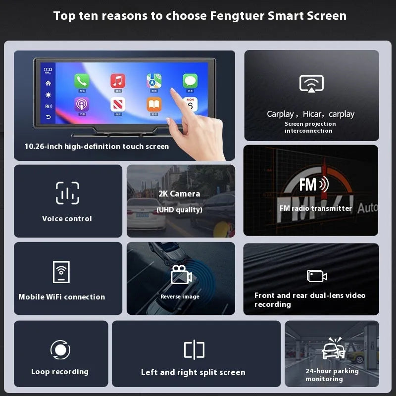 10 inch car touchscreen smart display with CarPlay and front and rear camera recording functions