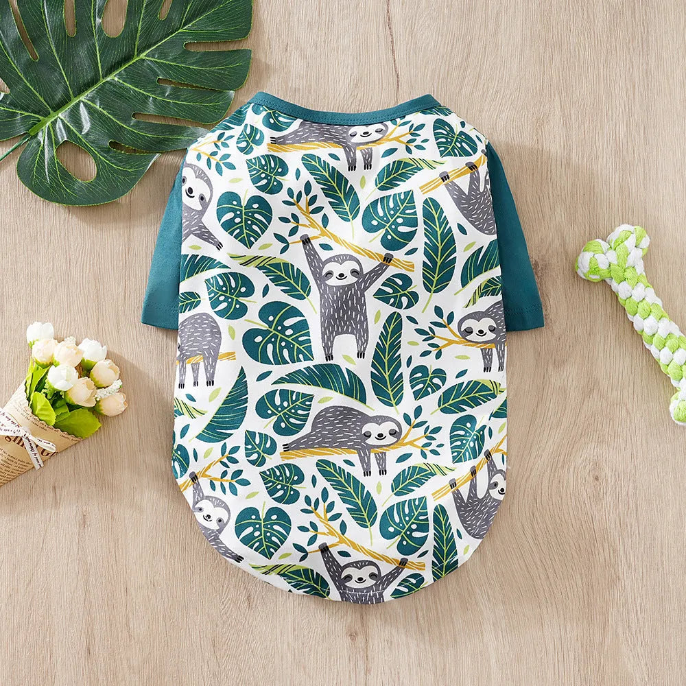 Printed polyester t-shirt for a small dog on a white background, showing colour and design.