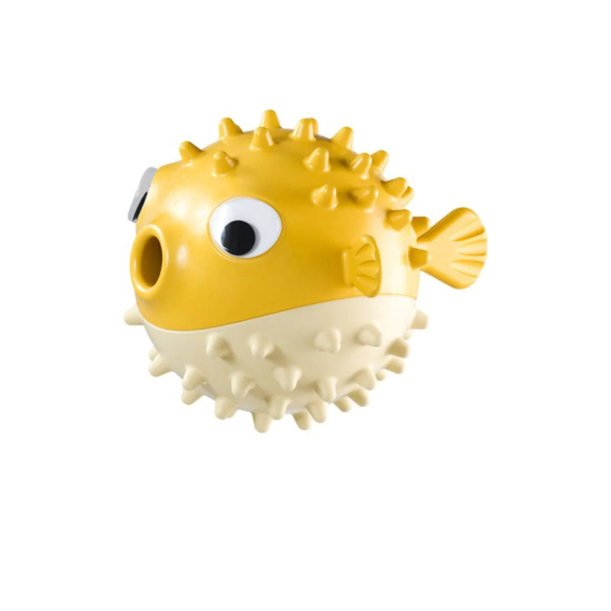 Yellow fish-shaped vinyl dog chew toy with textured surface and squeaker for aggressive chewing dogs