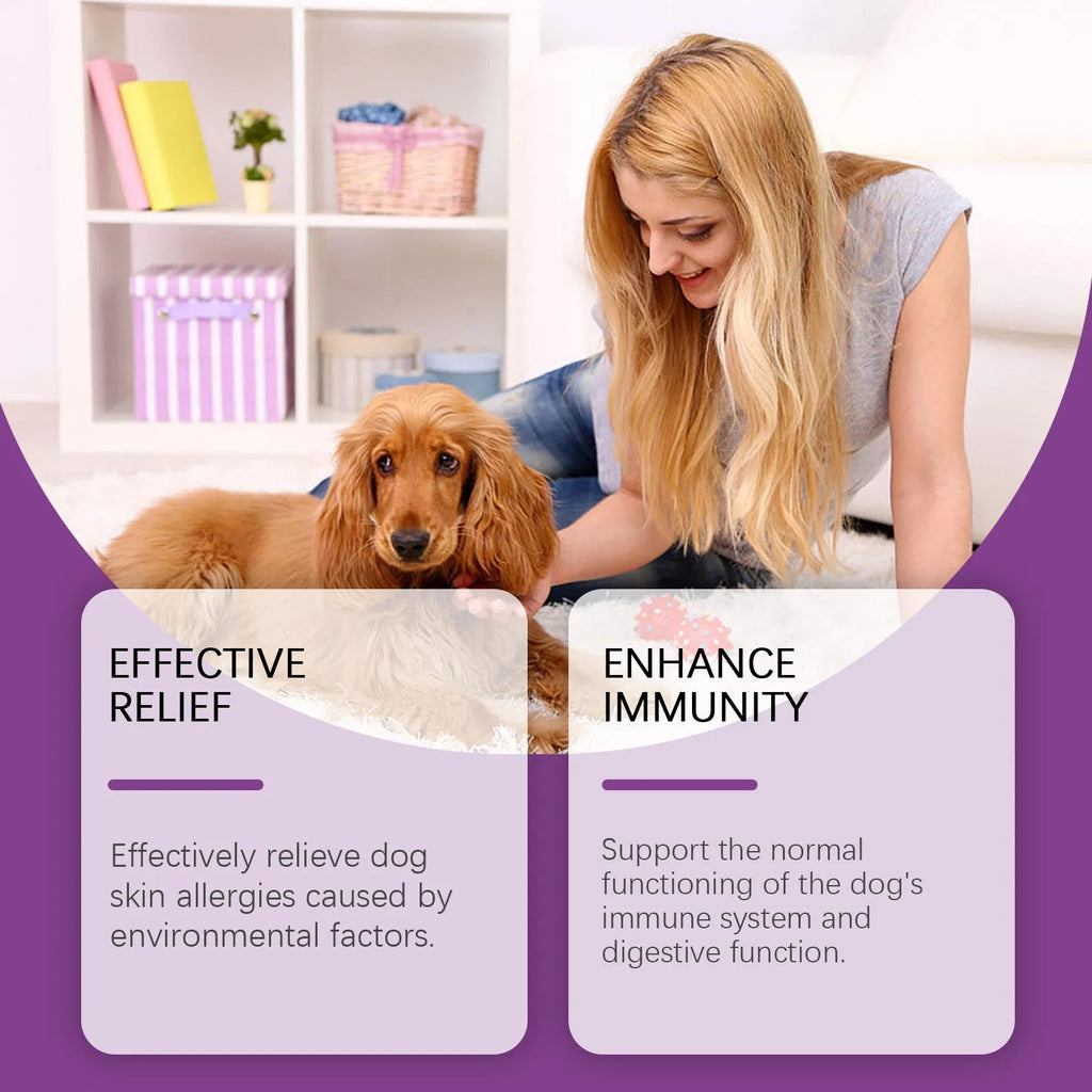 Allergy Relief Immune Chews 50g pet supplement pack with dog table