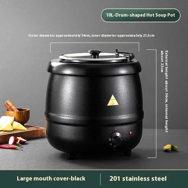 Black 10 litre stainless steel insulation pot with steel cover and electric heating function