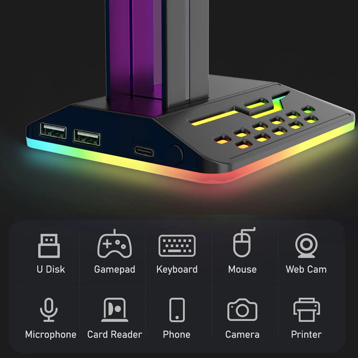 RGB headset display rack with dual USB charging ports and colour-changing acrylic side panels