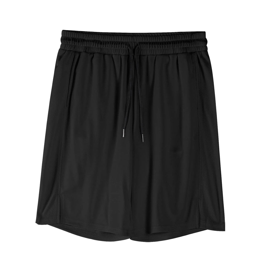 A pair of men's black mesh sports shorts with a loose fit and elasticated waistband.