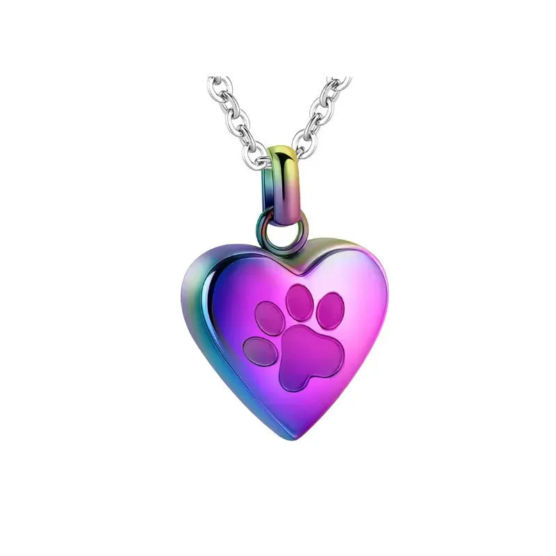 Titanium steel heart pendant casket necklace with love paw print design that opens for memorial ashes