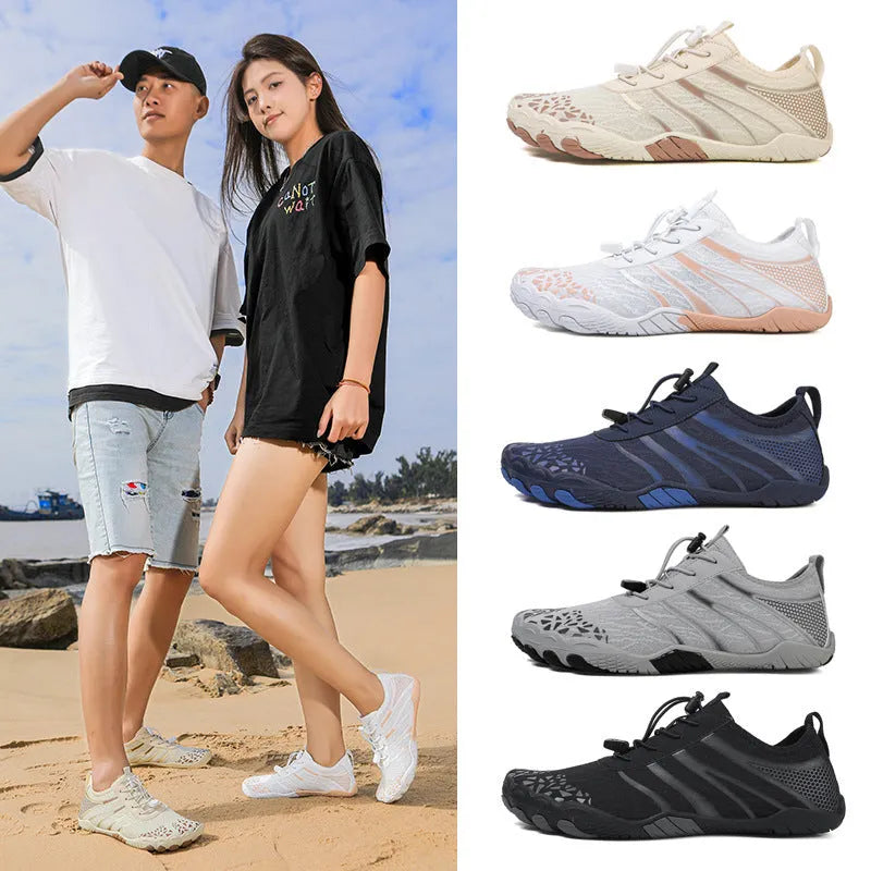 Casual unisex beach running shoes with Lycra stretch fabric upper, shown in beige colour.
