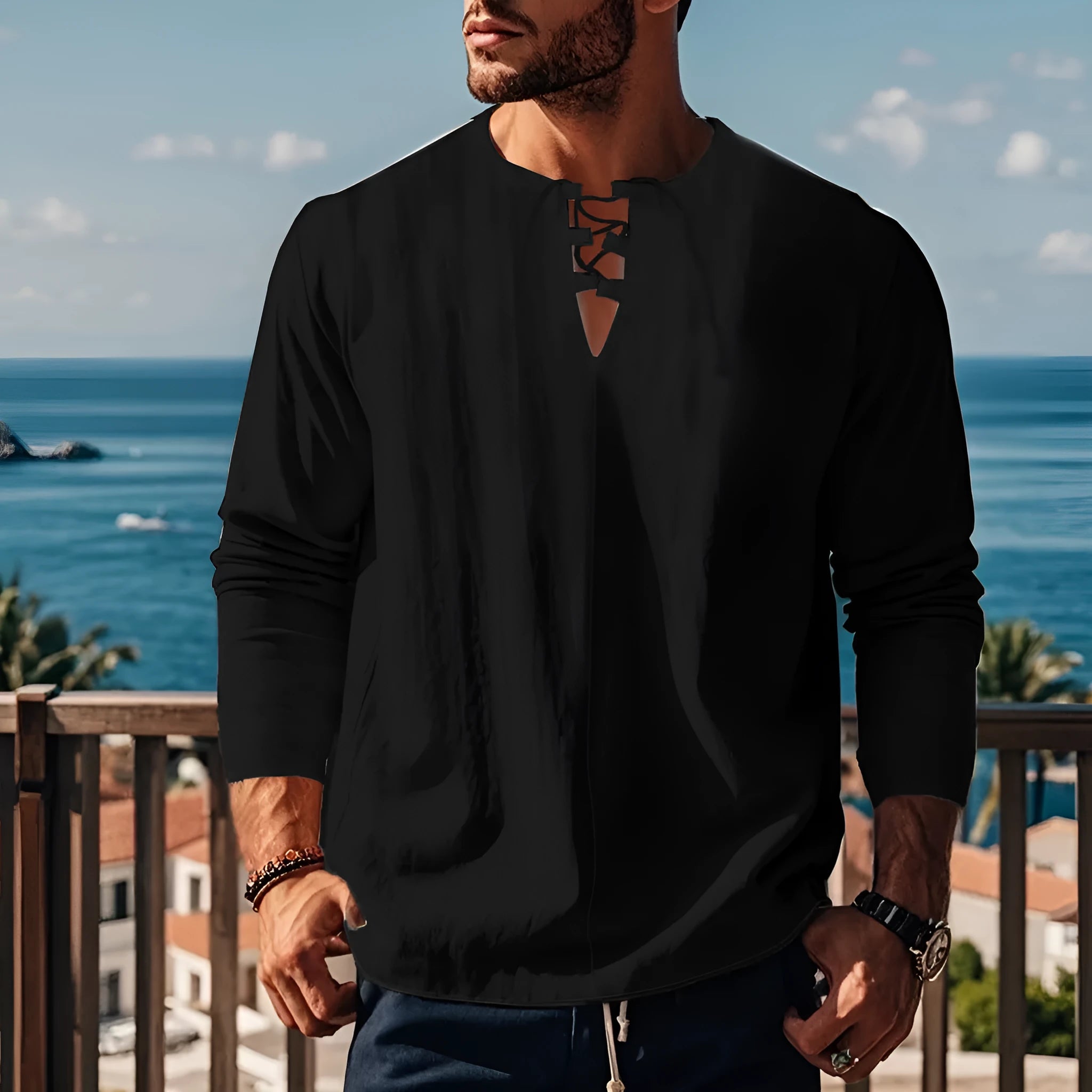 Men's solid colour cotton linen blend loose fit pullover shirt on a hanger.