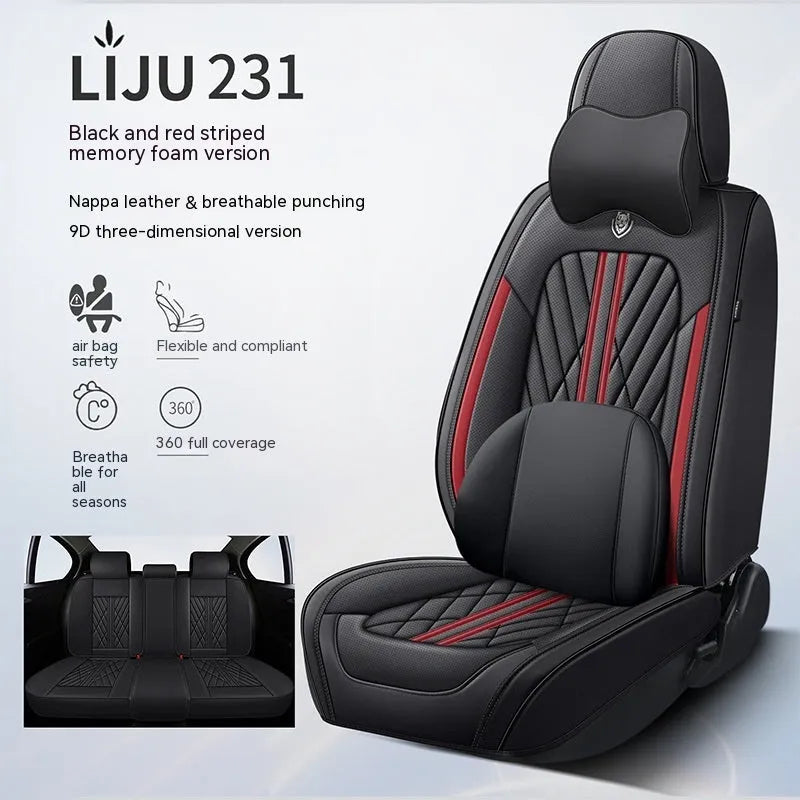 Five-piece leather car seat cushion set in various colour options with hemmed edge detailing