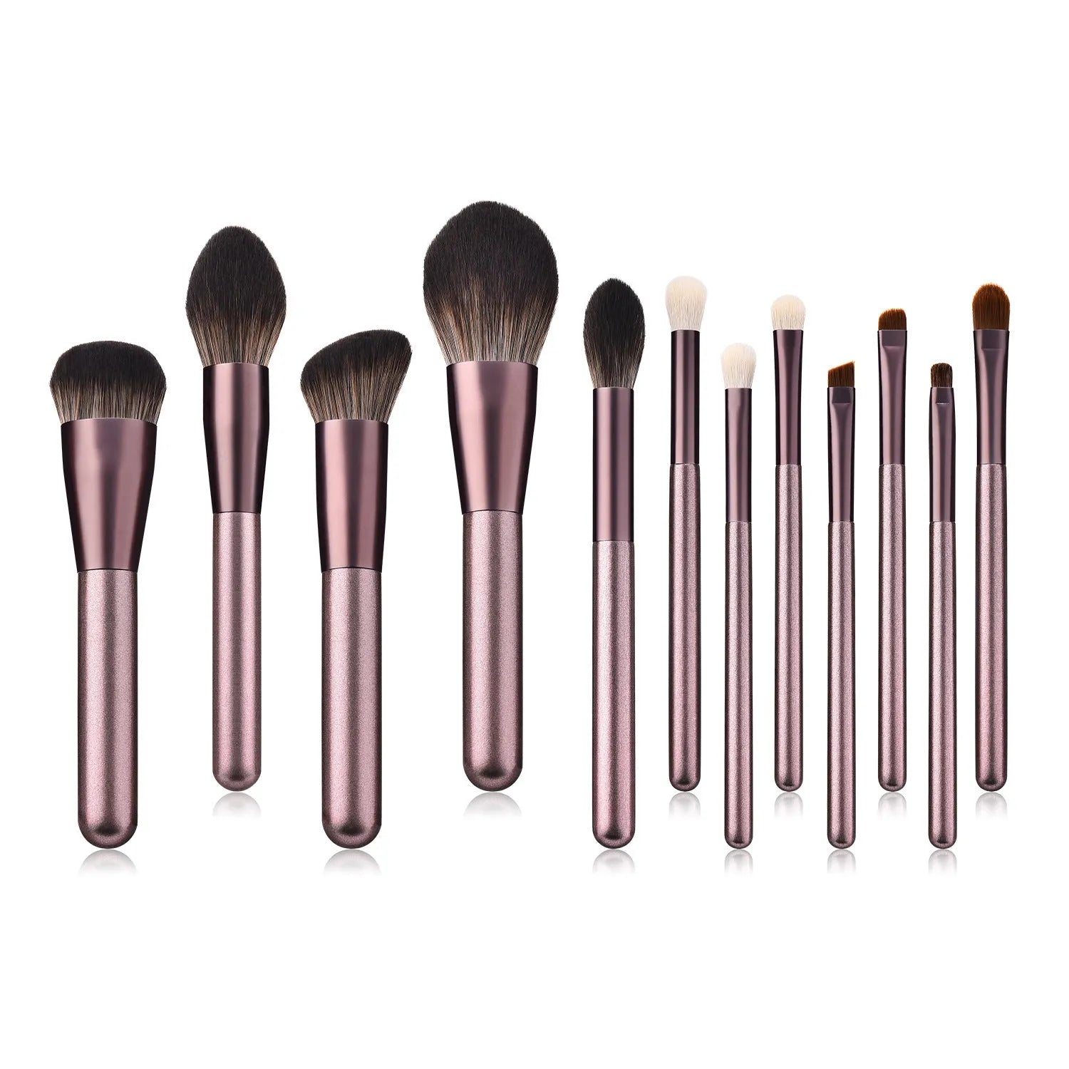 12-piece small grape makeup brush set with nylon bristles and wooden handles in OPP bag packaging