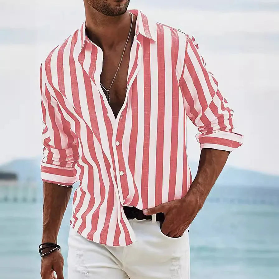 Man wearing a grey and white striped loose-fit long-sleeved casual shirt