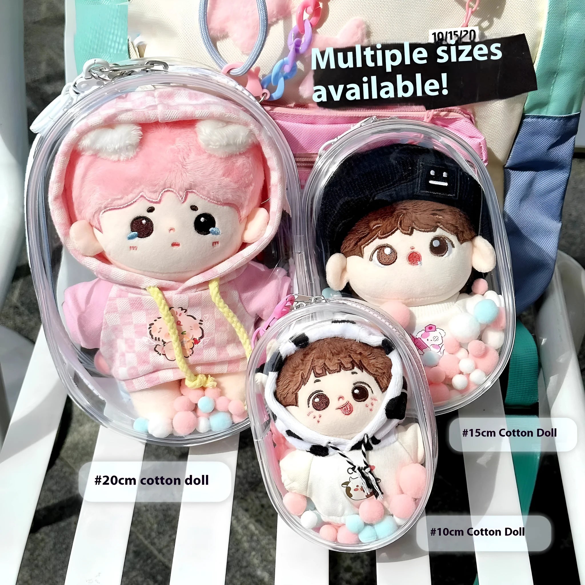Transparent PVC storage bag for cotton dolls in cartoon backpack style with keychain