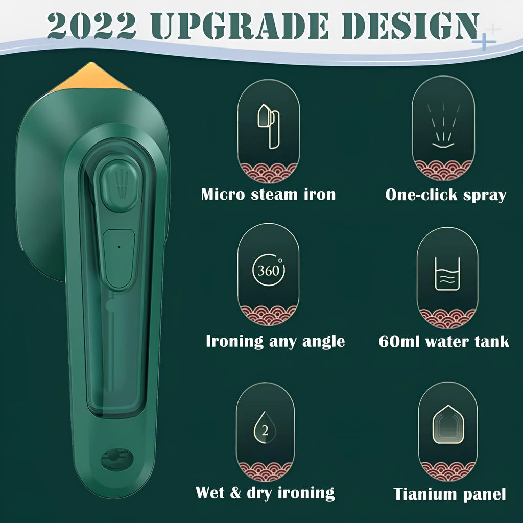 Handheld portable garment steamer in dark green with large titanium soleplate