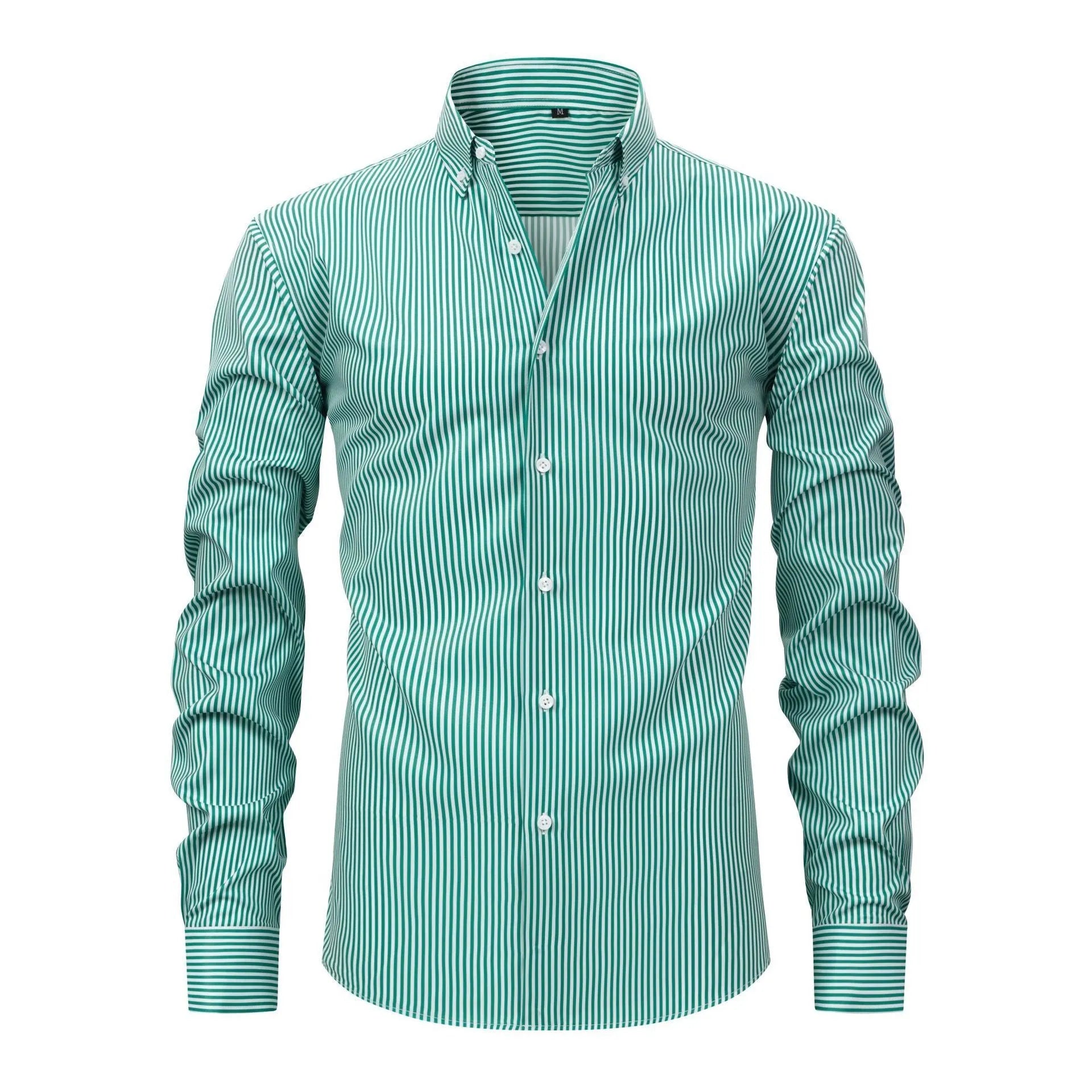 A man wearing a long-sleeved striped business shirt with a lapel collar, showcasing its non-ironing fabric.