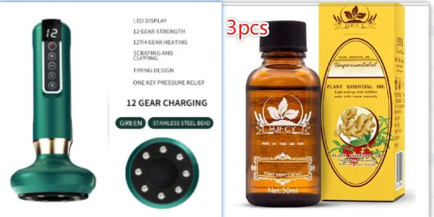 Green electric vacuum cupping massager with USB charger and essential oil head