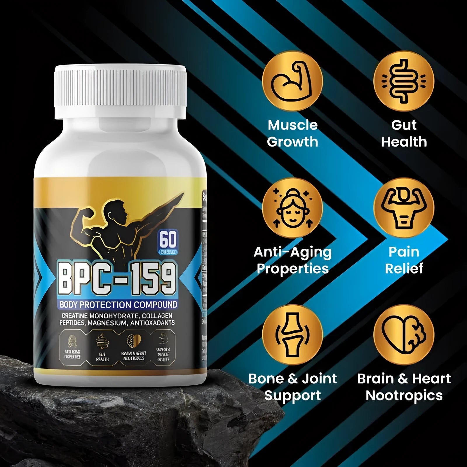 Bottle of body energy supplement capsules for all skin types