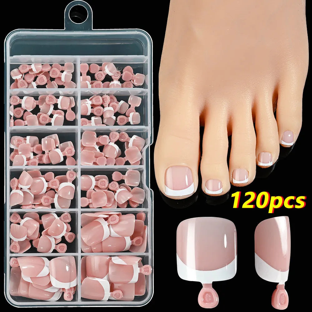 120-piece box of full square short French white tip nude press-on toenails in assorted shades