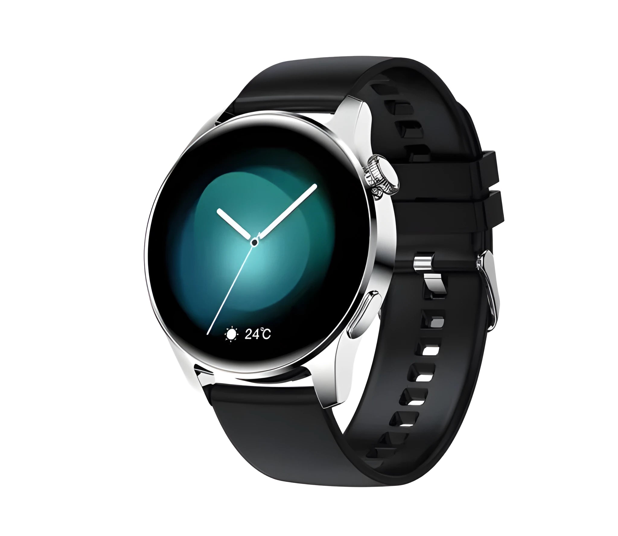 Round screen smartwatch with silicone strap showing heart rate and call functions on display.