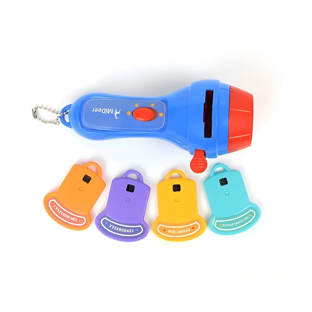 SmartKids children's handheld torch projector with four colourful story discs on a white background.