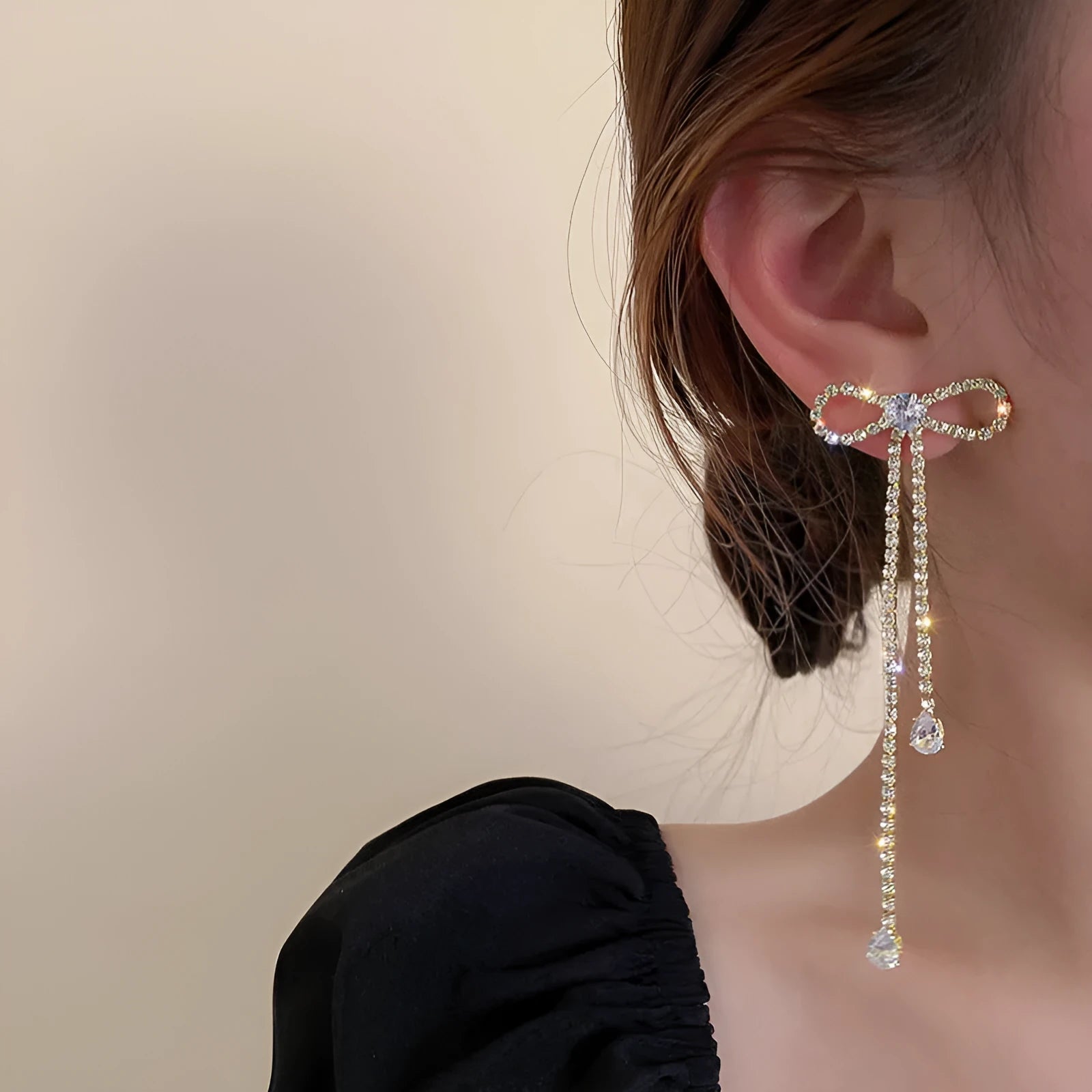 Fashion jewellery silver needle long bow tie full-jeweled stud earrings for women in gold and silver drop shape