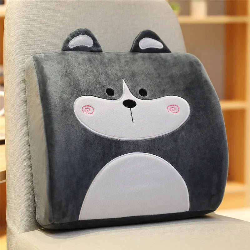 Car seat back cushion with removable memory foam core and cartoon print design options.