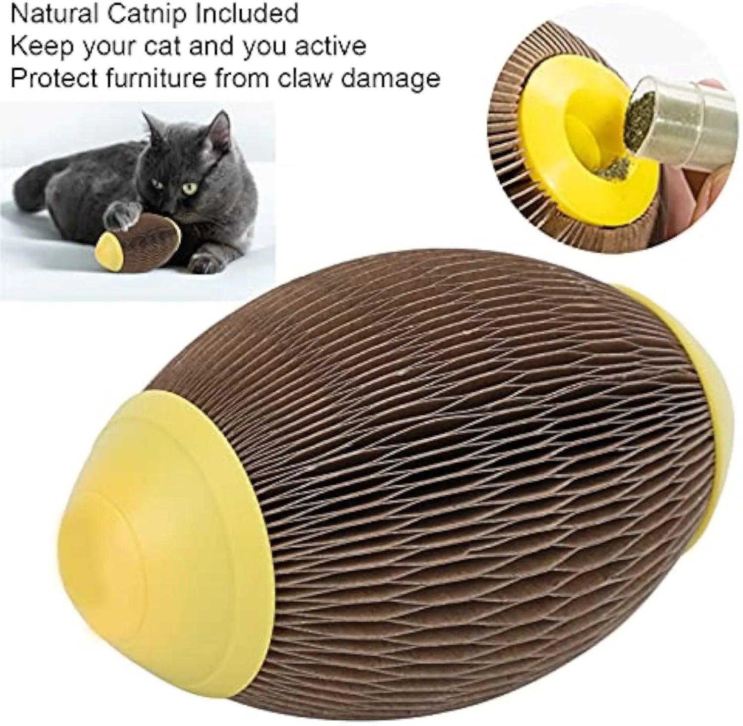 Ellipse-shaped catnip ball toy made from recycled corrugated paper with scratch surface