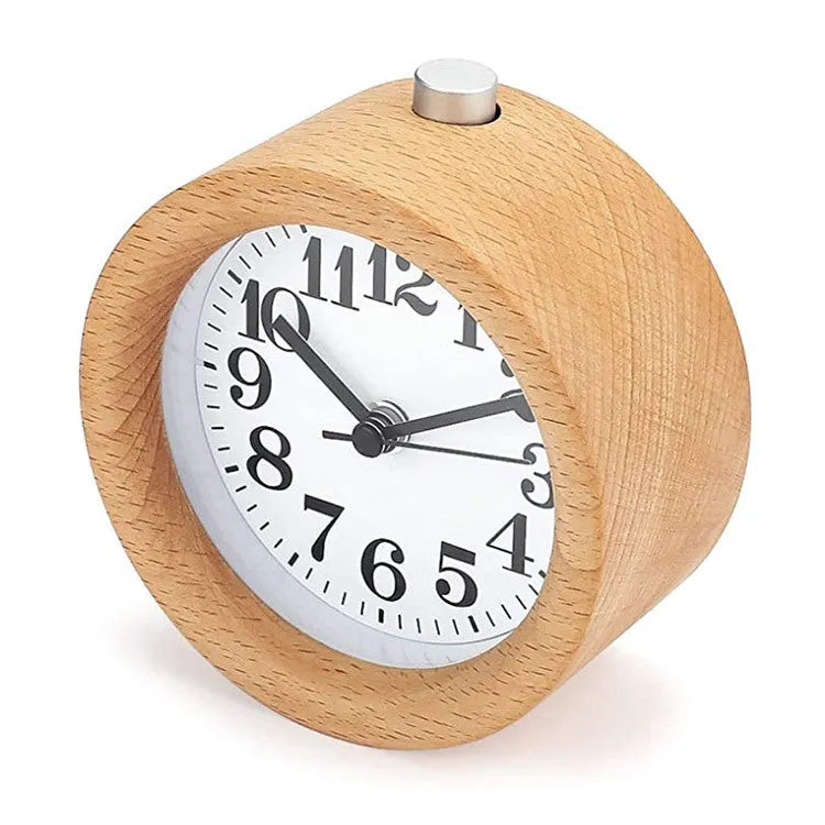 Solid beech wood silent bedside alarm clock with 4-inch dial and integrated mirror