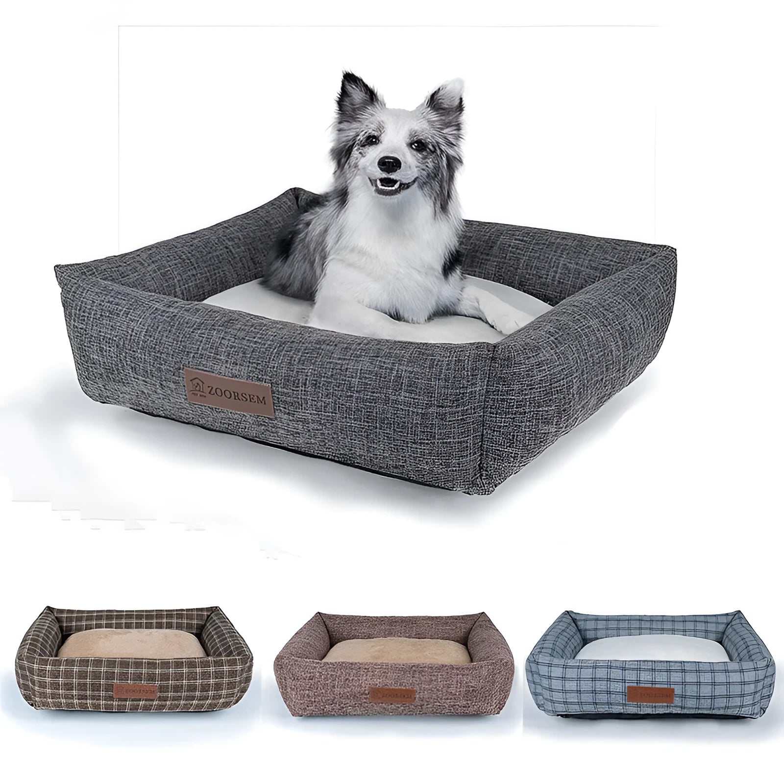 Grey plaid square cloth dog bed for medium-sized dogs on a wooden floor.