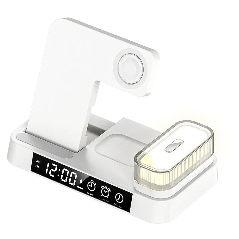 White foldable wireless charging station showing alarm clock display, phone charging surface and RGB night light