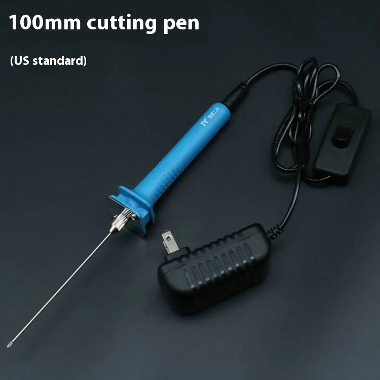 Blue electric heating cutter pen for cutting foam and polystyrene boards on a work surface