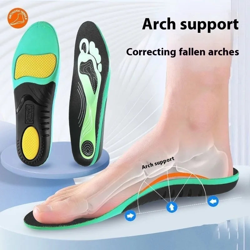 Blue and green flat foot correction insoles showing instep arch support pads with UK size markings 35-46