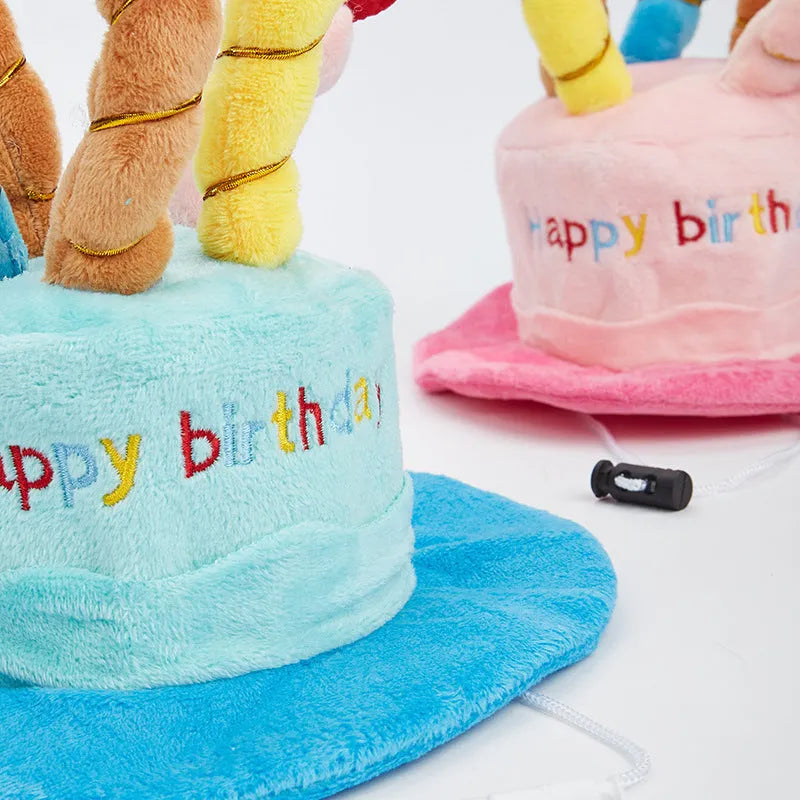 Blue and pink birthday hats for toy dogs showing 21cm width measurement