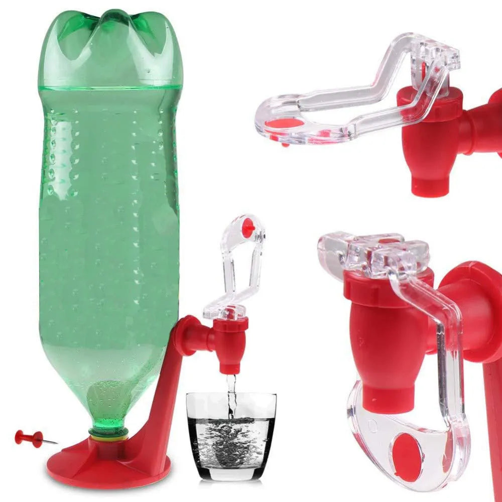 Red plastic Magic Tap soda dispenser attached to 2-litre bottle with push-button tap