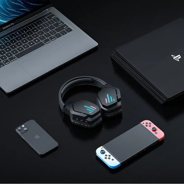 Wireless headphones with luminous black finish showing head-mounted design and ear cups