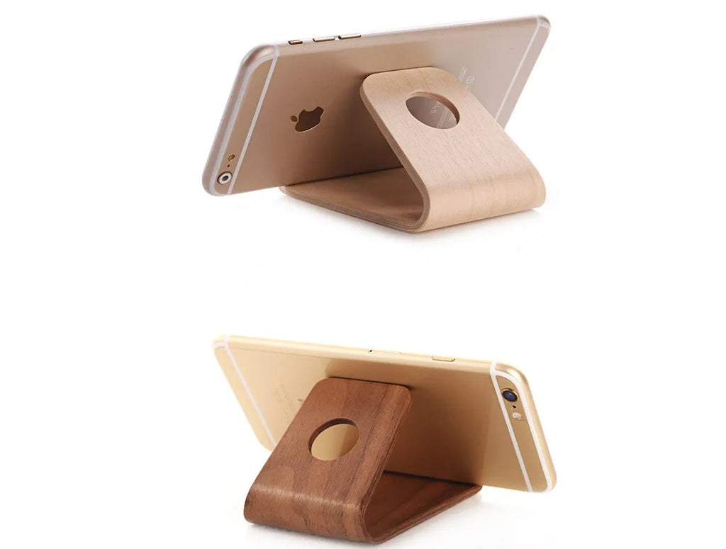 Wooden phone stand for Apple iPhone with cable management slot in walnut finish