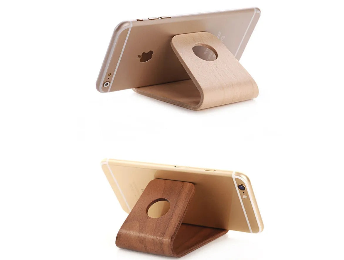 Wooden phone stand for Apple iPhone with cable management slot in walnut finish